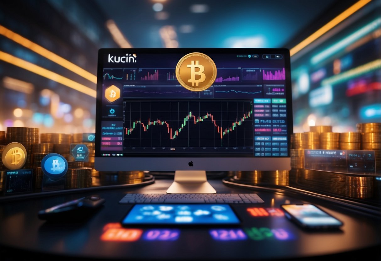 A vibrant digital marketplace with KuCoin logo prominently displayed, surrounded by dynamic trading charts and a diverse array of cryptocurrencies