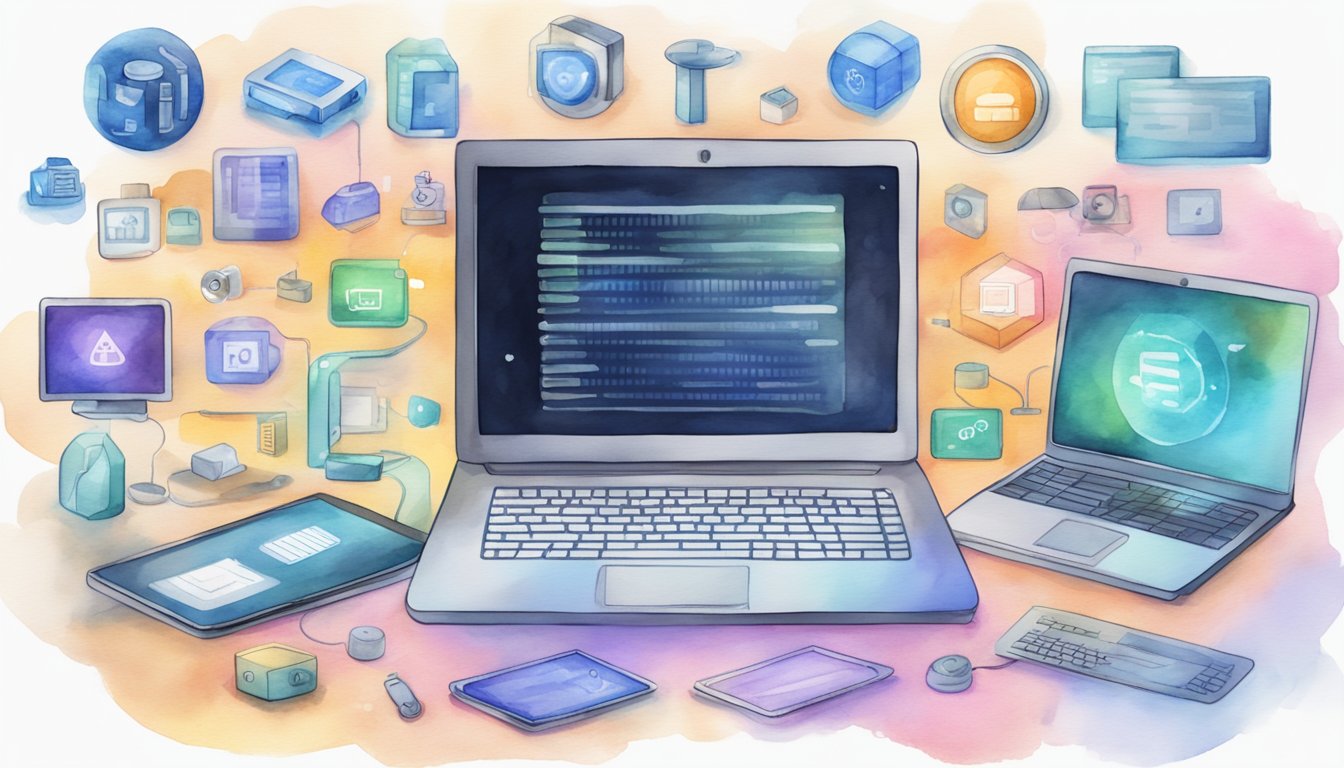 A laptop displaying SQL code surrounded by icons of various technologies