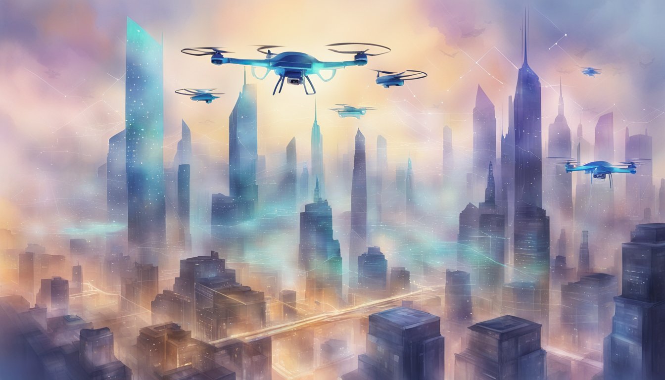 A futuristic city skyline with AI-powered drones flying overhead, while data streams and algorithms are visualized in the background