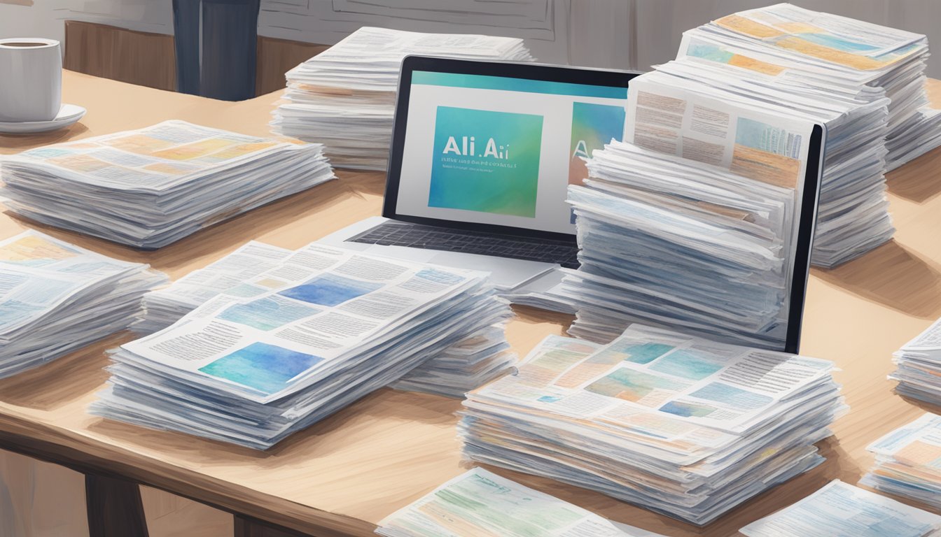 A stack of 13 newsletters with AI and machine learning titles, arranged neatly on a desk with a laptop open to the "AI Weekly" newsletter