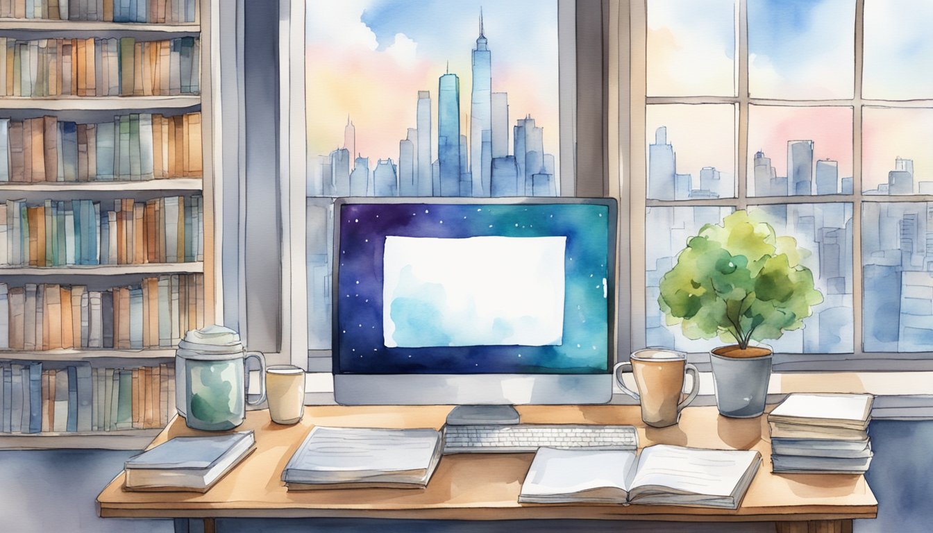 A desk with a computer, open newsletter, and coffee mug.</p><p>Shelves with AI and machine learning books.</p><p>Window with city skyline in background