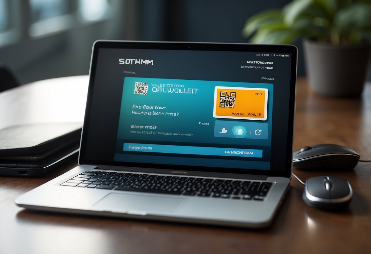 A computer screen displays the SatoshiVM wallet interface. A mouse hovers over the "Create New Wallet" button. A smartphone with a QR code sits nearby