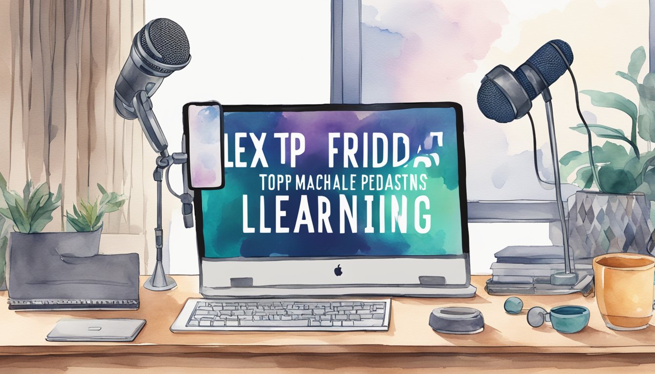 A microphone stands ready on a desk, surrounded by headphones and a laptop displaying the title "Lex Fridman Podcast 8 Top Podcasts for Machine Learning Enthusiasts."