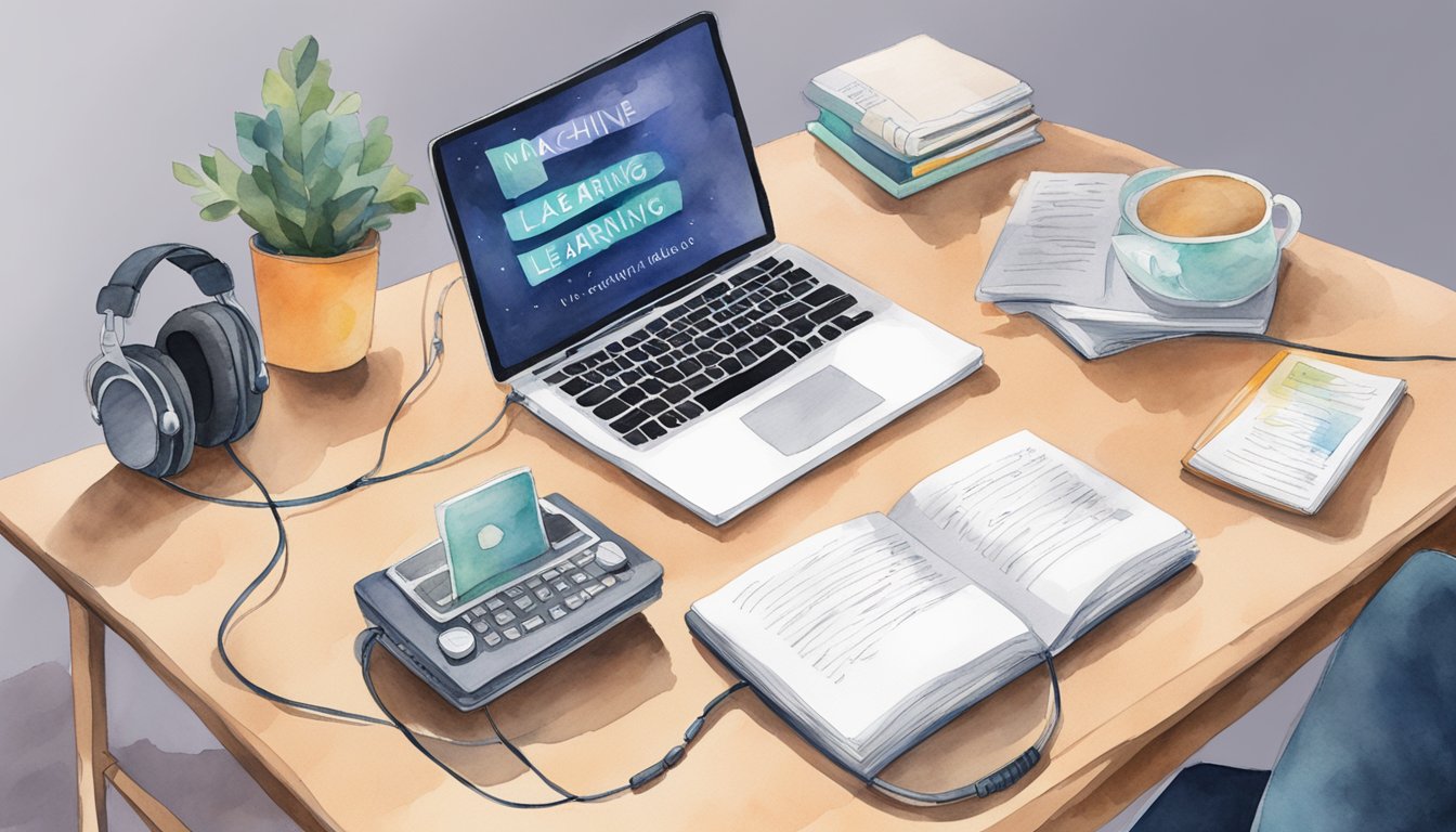 A table with a laptop open to a list of podcast titles, surrounded by headphones and a notebook with the words "Machine Learning Guide" on the cover