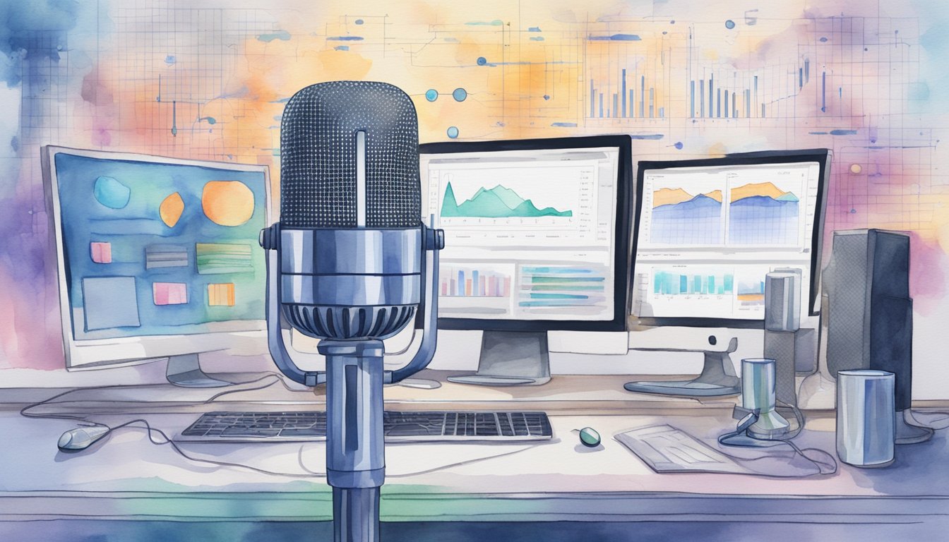 A microphone surrounded by computer screens displaying machine learning algorithms and charts.</p><p>AI logos and podcast titles are visible in the background