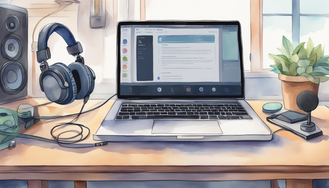 A table with a laptop, headphones, and a microphone set up for recording a podcast.</p><p>A list of "Key Topics Covered in Machine Learning Podcasts" is displayed on a screen in the background