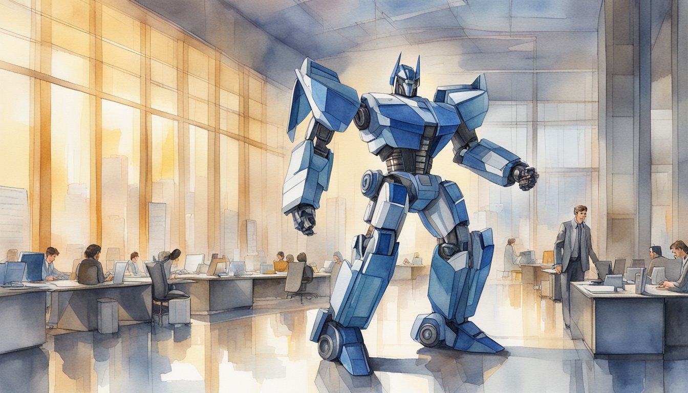 A sleek, futuristic transformer stands tall against a backdrop of glowing AI research papers, exuding an aura of efficiency and innovation