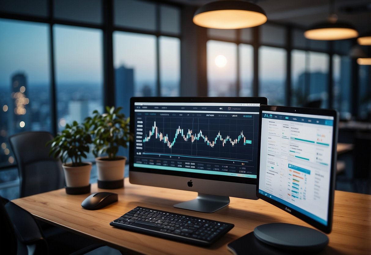 Atani logo displayed on a computer screen with a clean and modern interface. Trading charts and data visible in the background