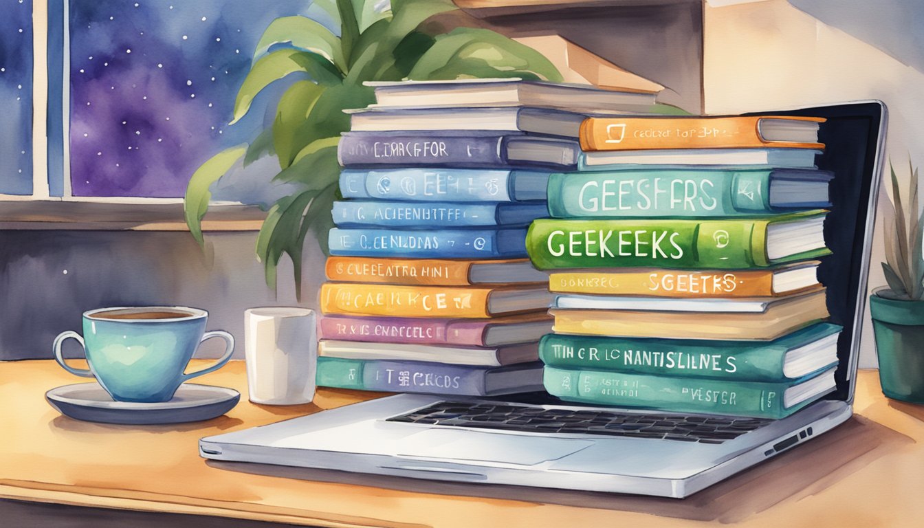 A stack of 11 coding books with the "GeeksforGeeks" logo on each cover.</p><p>A laptop open to the website with coding problems displayed