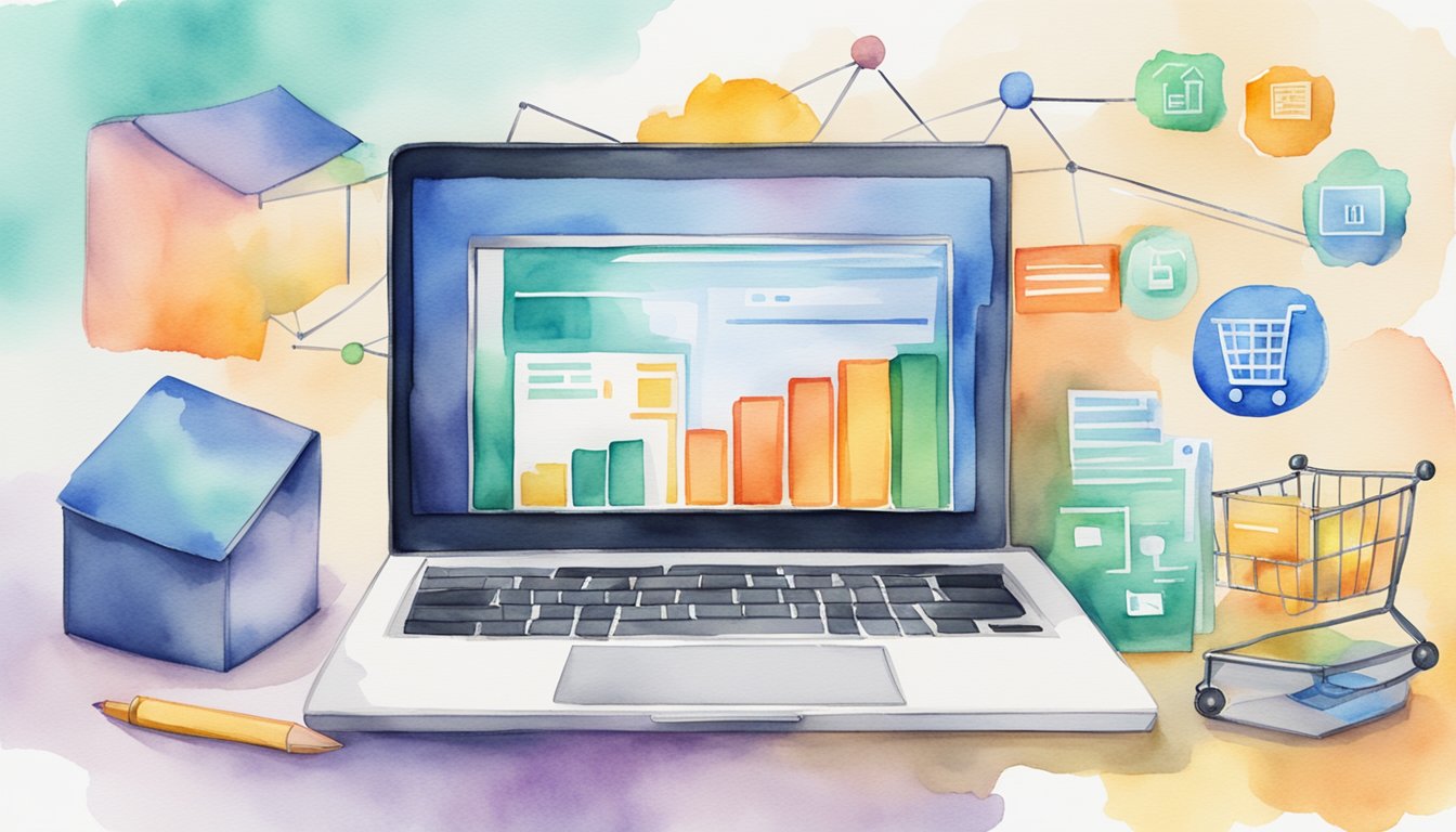 A laptop displaying e-commerce data charts and graphs with a basket filled with various products