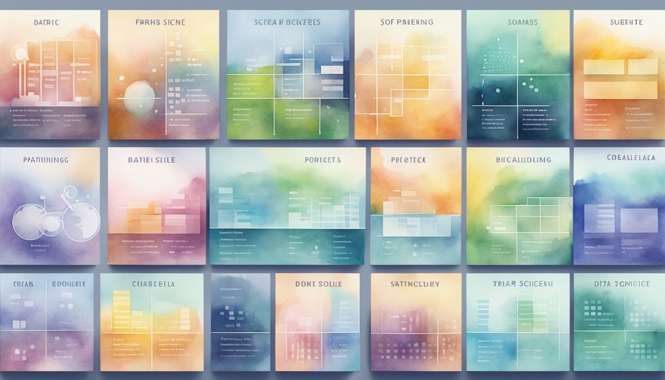 A collection of 14 data science project titles arranged in a grid, with each title highlighted in a different color to represent the variety of skills showcased