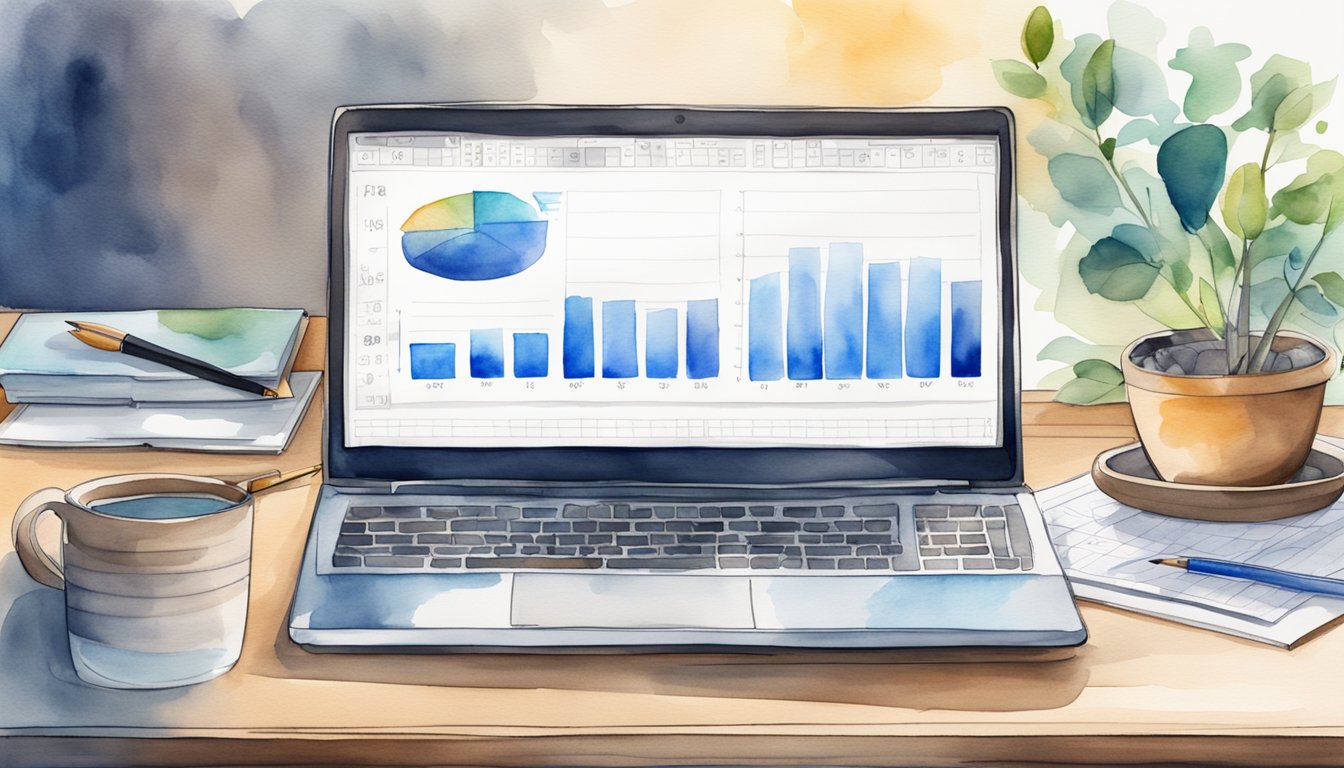 A desk with a laptop, notebook, and pen.</p><p>Charts and graphs on the screen.</p><p>A professional setting with minimal distractions