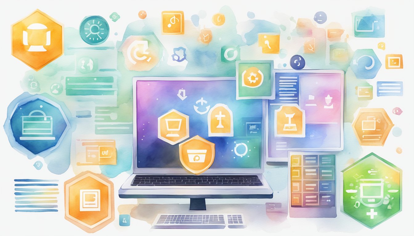 A computer screen displaying a list of 9 best platforms for hosting coding projects, surrounded by security and compliance symbols and icons