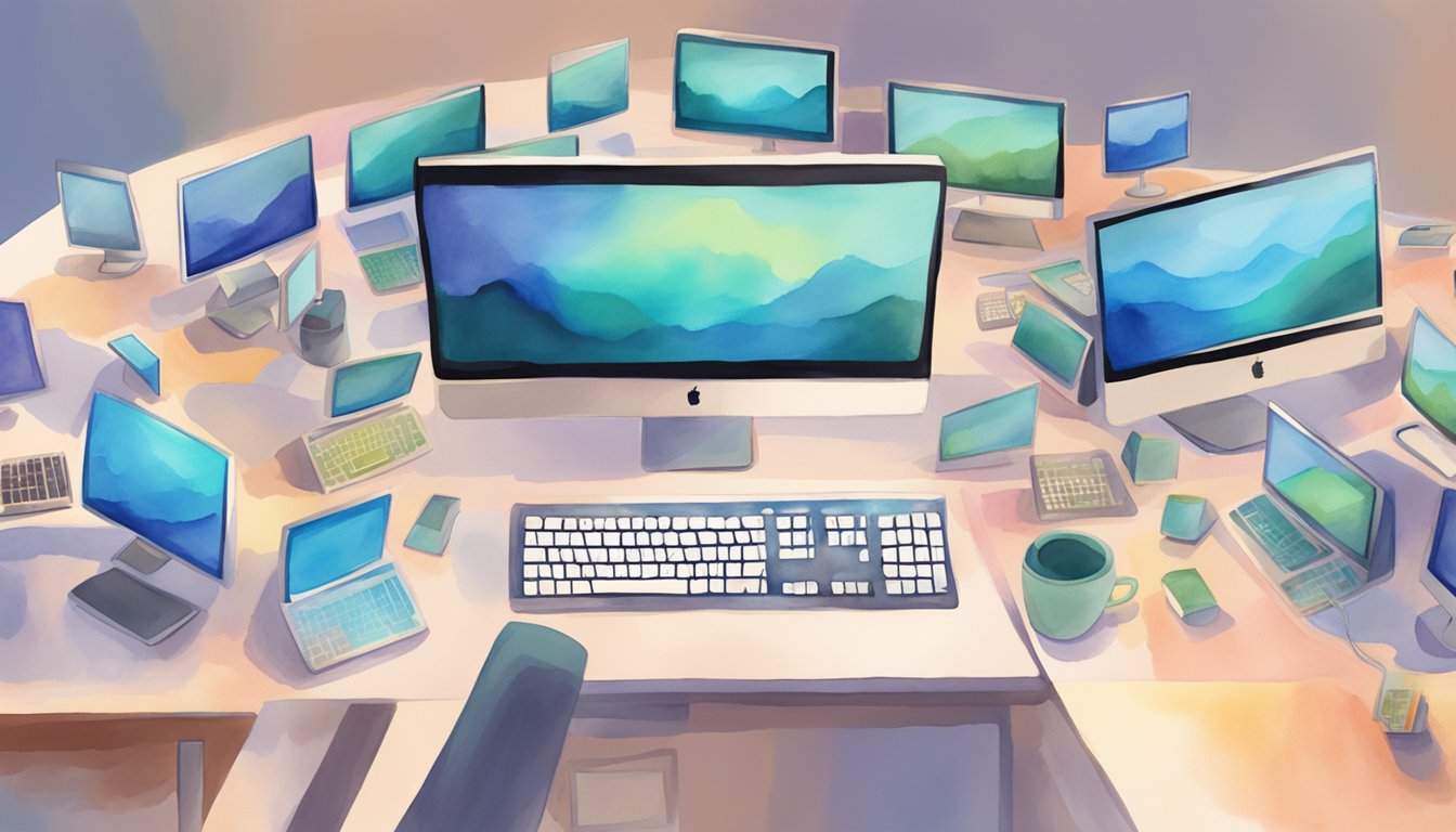 A diverse group of computer screens and keyboards arranged in a circle, symbolizing community and support for coding projects