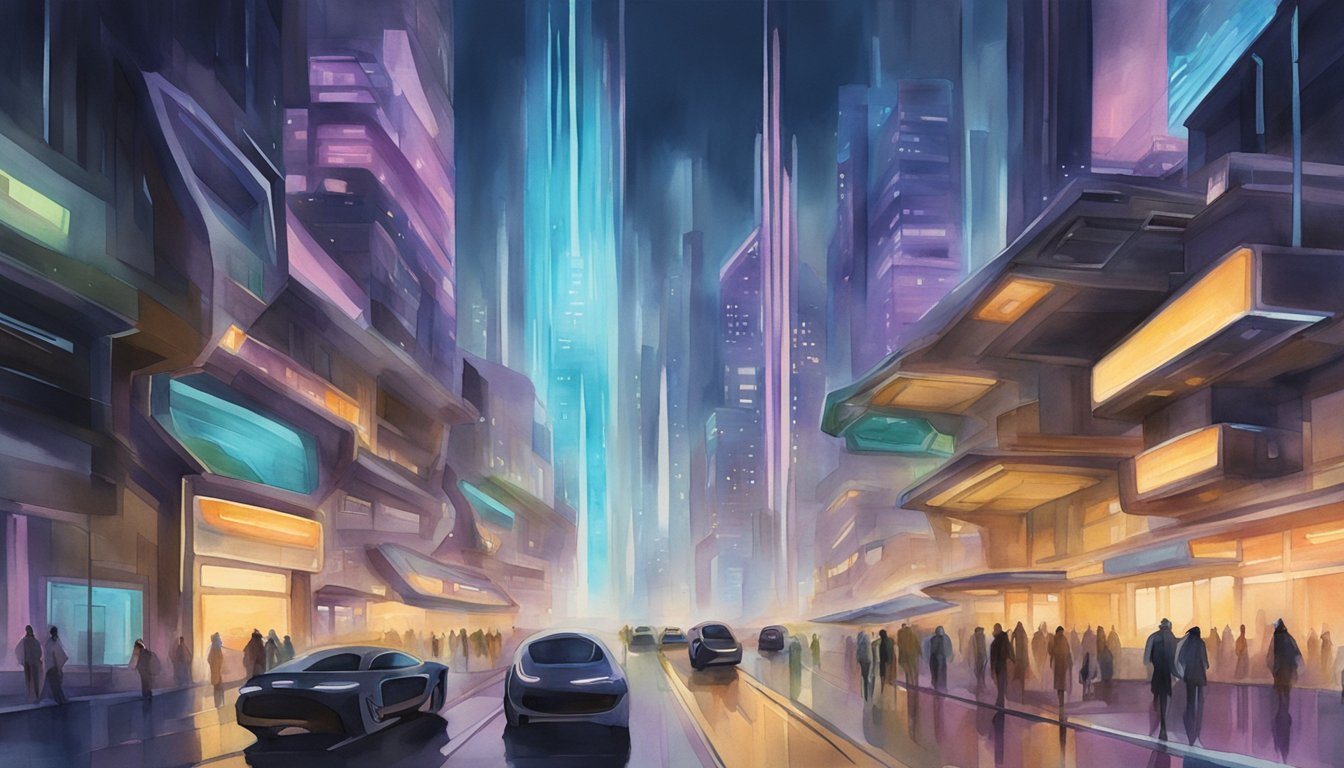 A group of futuristic buildings with sleek, metallic exteriors and glowing neon signs, surrounded by advanced technology and bustling with activity