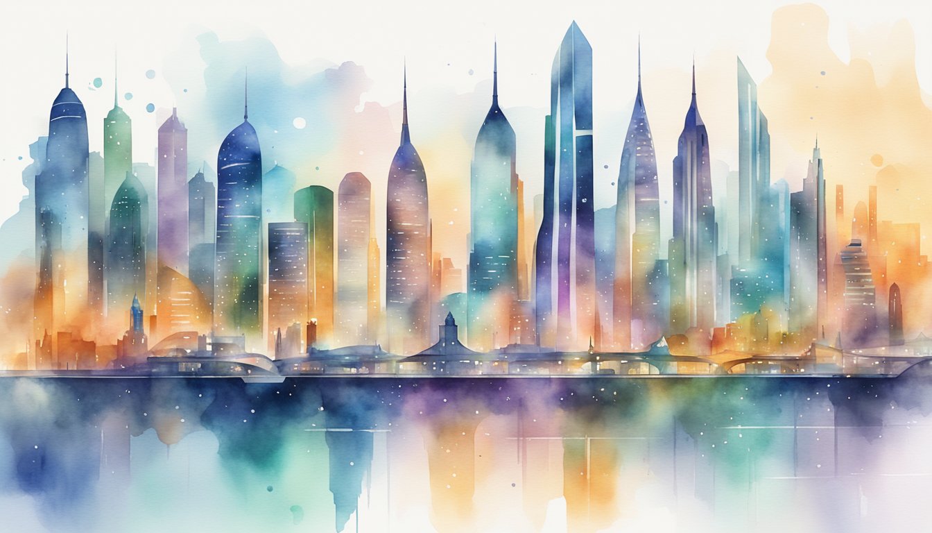 A futuristic city skyline with 7 prominent buildings, each representing one of the top AI startups in 2024.</p><p>The buildings are sleek and modern, with advanced technology integrated into their design