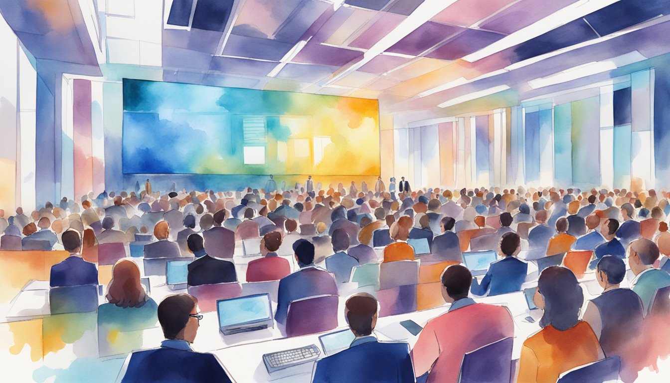 A bustling conference hall filled with attendees and speakers, surrounded by screens displaying cutting-edge AI technology.</p><p>Bright lights and vibrant colors create an atmosphere of innovation and excitement