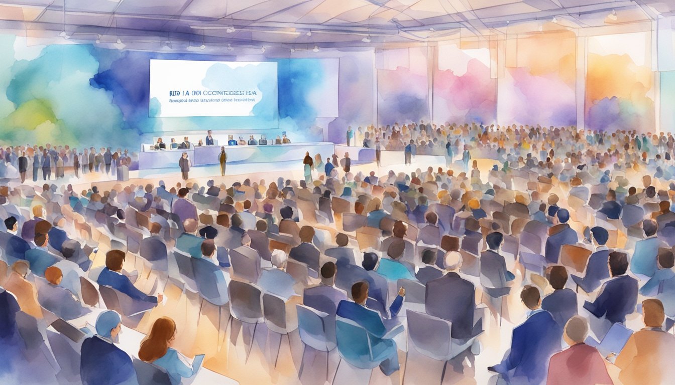 A bustling conference hall filled with attendees and speakers, surrounded by banners and screens displaying the KDD 10 AI Conferences to Attend in 2024