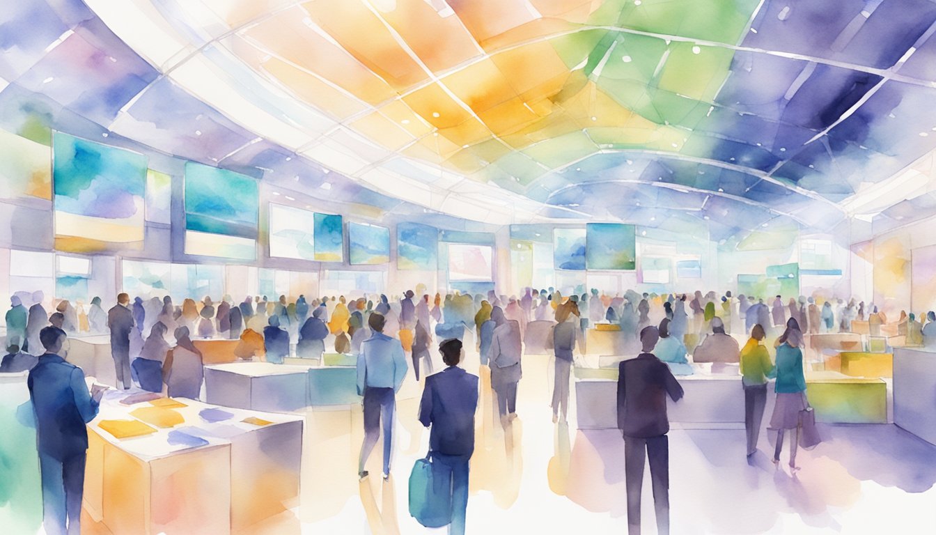 A bustling expo hall with futuristic AI displays and interactive demos.</p><p>Attendees engage in lively discussions at various conference sessions