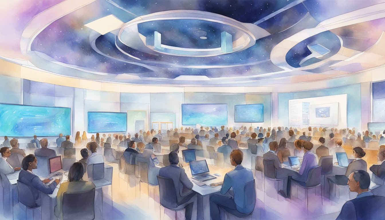 A bustling conference hall filled with diverse attendees engaging in discussions, surrounded by futuristic AI technology and displays showcasing the latest advancements in artificial intelligence