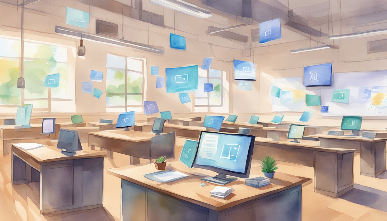 A classroom setting with computer screens displaying AI for Social Good course material.</p><p>Books and notes scattered around.</p><p>Ethical AI posters on the walls