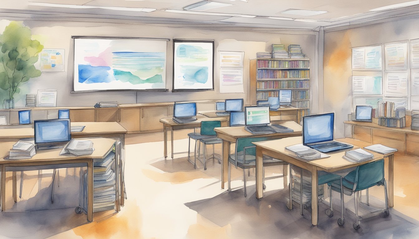 A classroom setting with a computer displaying the edX website, surrounded by books on AI, ethics, and data.</p><p>Posters on the wall highlight the importance of ethical considerations in AI technology