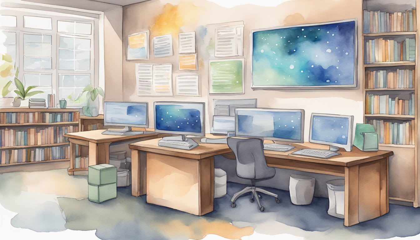 A classroom setting with a computer screen displaying the "Elements of AI 12 AI Ethics Courses You Should Take" webpage, surrounded by books and academic materials