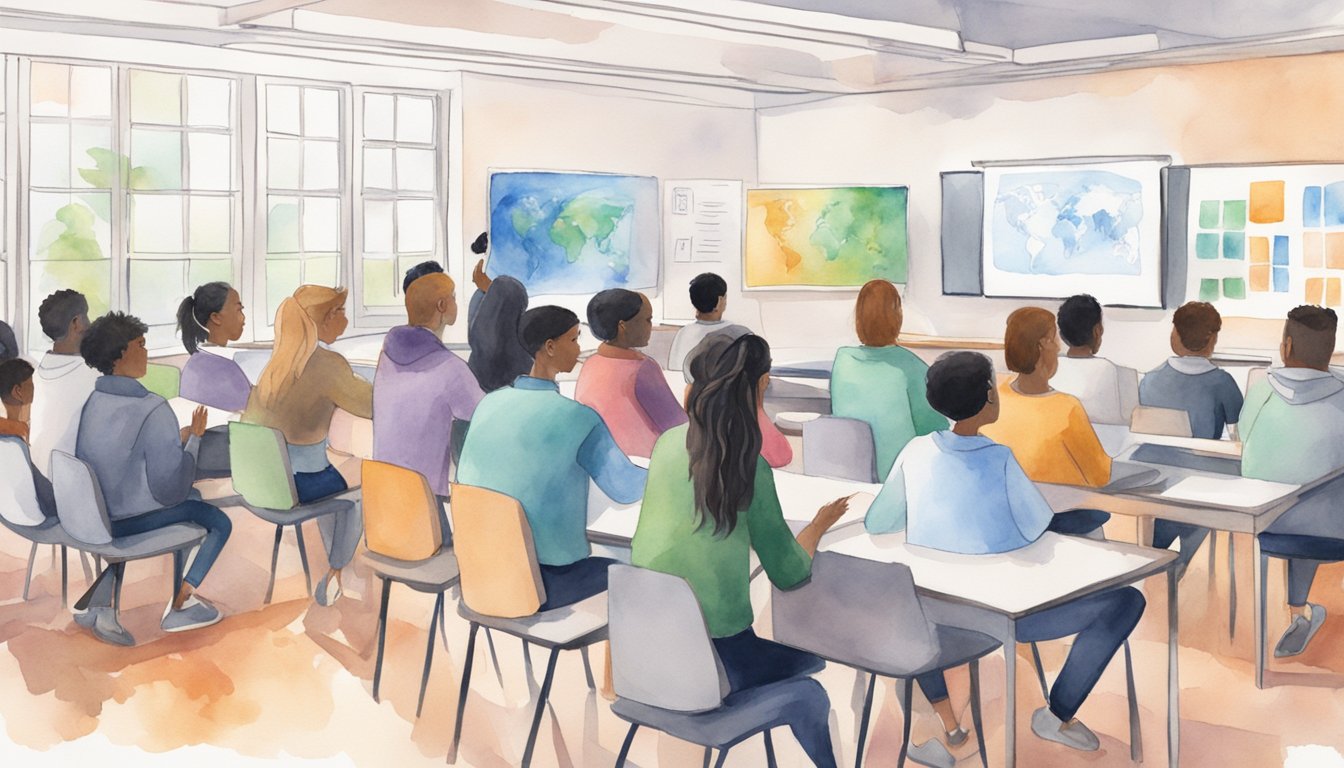 A classroom setting with diverse students engaging in discussions on AI ethics, with a prominent display of "DeepLearning.AI - AI For Everyone" course materials