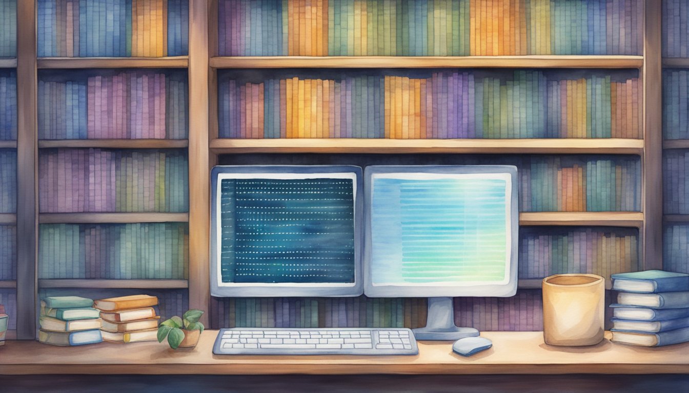 A computer screen displaying code with various algorithms and data structures.</p><p>A bookshelf filled with programming books in the background