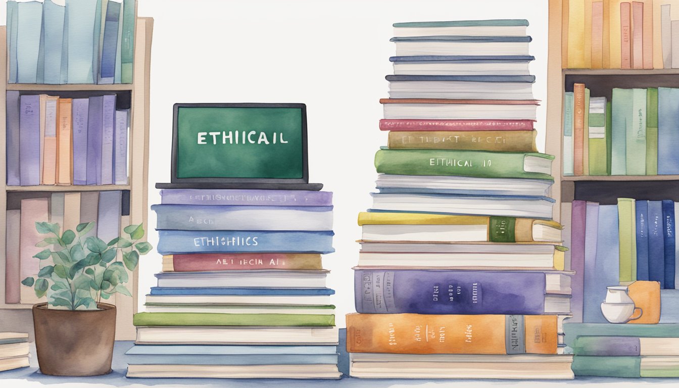 A stack of 12 textbooks with titles like "Ethical AI" and "Tech Ethics" surrounded by computer screens displaying AI algorithms and ethical frameworks