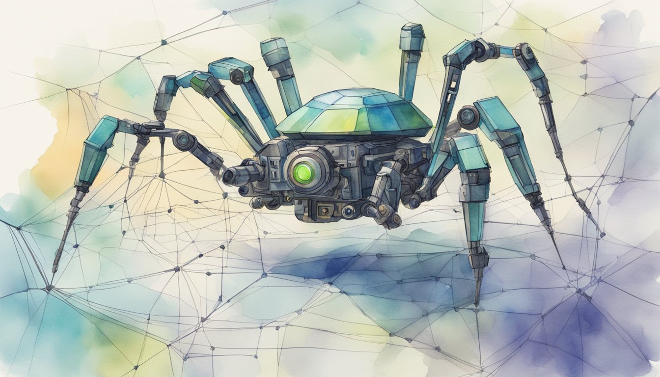 A spider-like robot navigates a digital web, collecting data with Scrapy