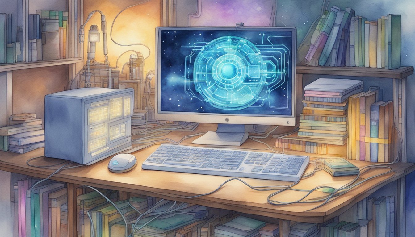 A computer with glowing circuits and wires, surrounded by books on artificial intelligence