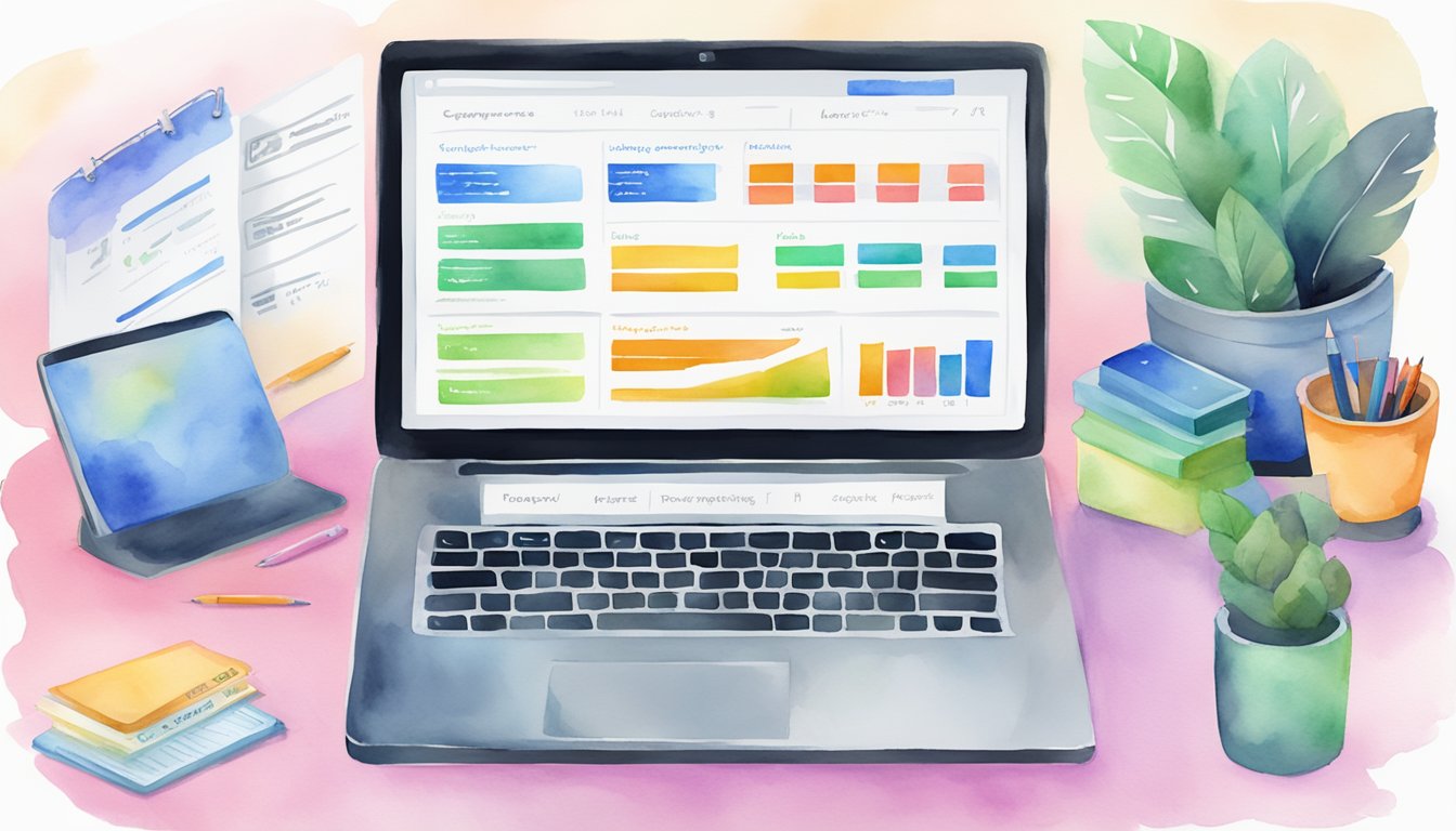 A laptop displaying project metrics and a list of 14 tips for creating a strong developer portfolio