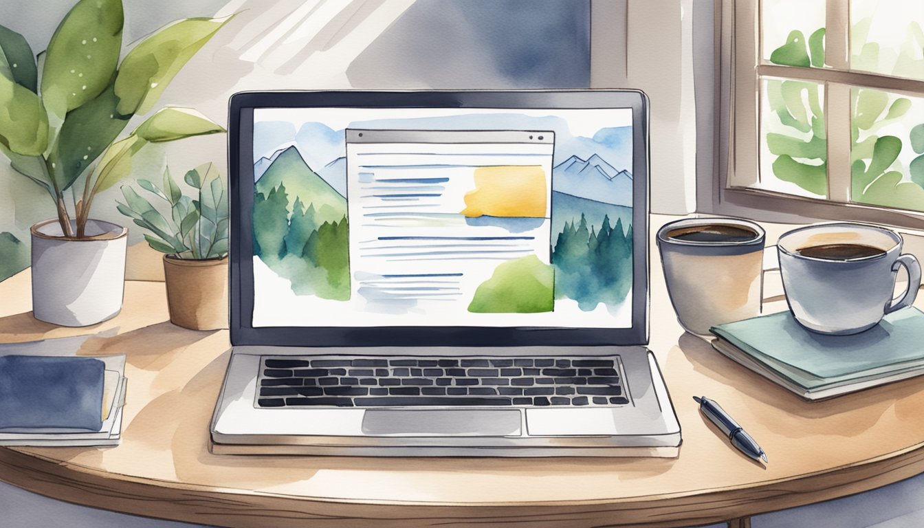 A laptop sits open on a wooden desk, surrounded by a notebook, pen, and coffee mug.</p><p>The screen displays a personal blog with the title "14 Tips for Creating a Strong Developer Portfolio."