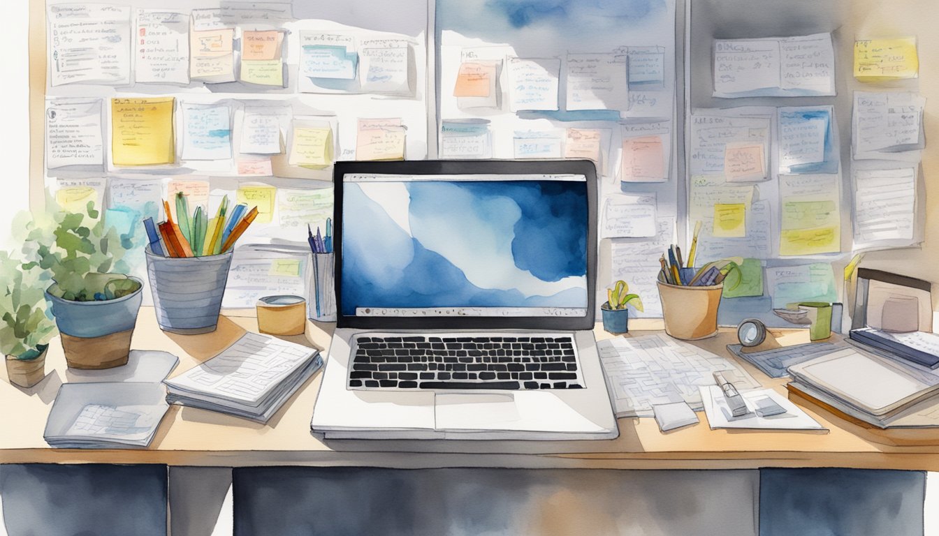 A cluttered desk with a laptop, notebooks, and coding books.</p><p>A whiteboard with project sketches.</p><p>A wall covered in sticky notes with project ideas and deadlines