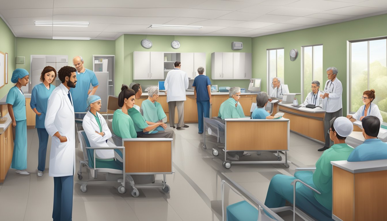 A busy cardiology clinic with patients waiting, doctors consulting, and medical equipment in use