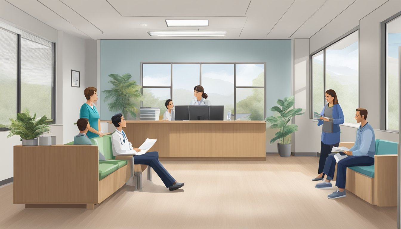 Patients sit in the waiting area of CGH Cardiology Clinic. A receptionist greets them as they review their paperwork