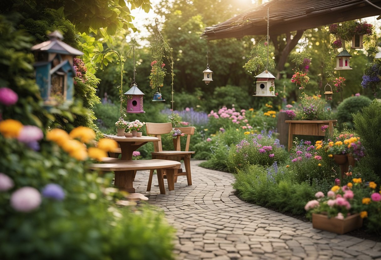 A lush garden with colorful flowers, winding pathways, and decorative elements like birdhouses and wind chimes. A cozy seating area with a DIY mosaic table and outdoor lighting creates a welcoming atmosphere