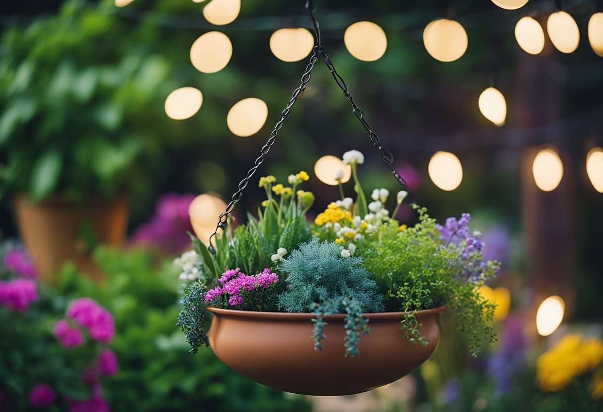 A garden with a variety of themed decorations, such as fairy lights, DIY planters, and colorful wind chimes, creating a vibrant and personalized outdoor space