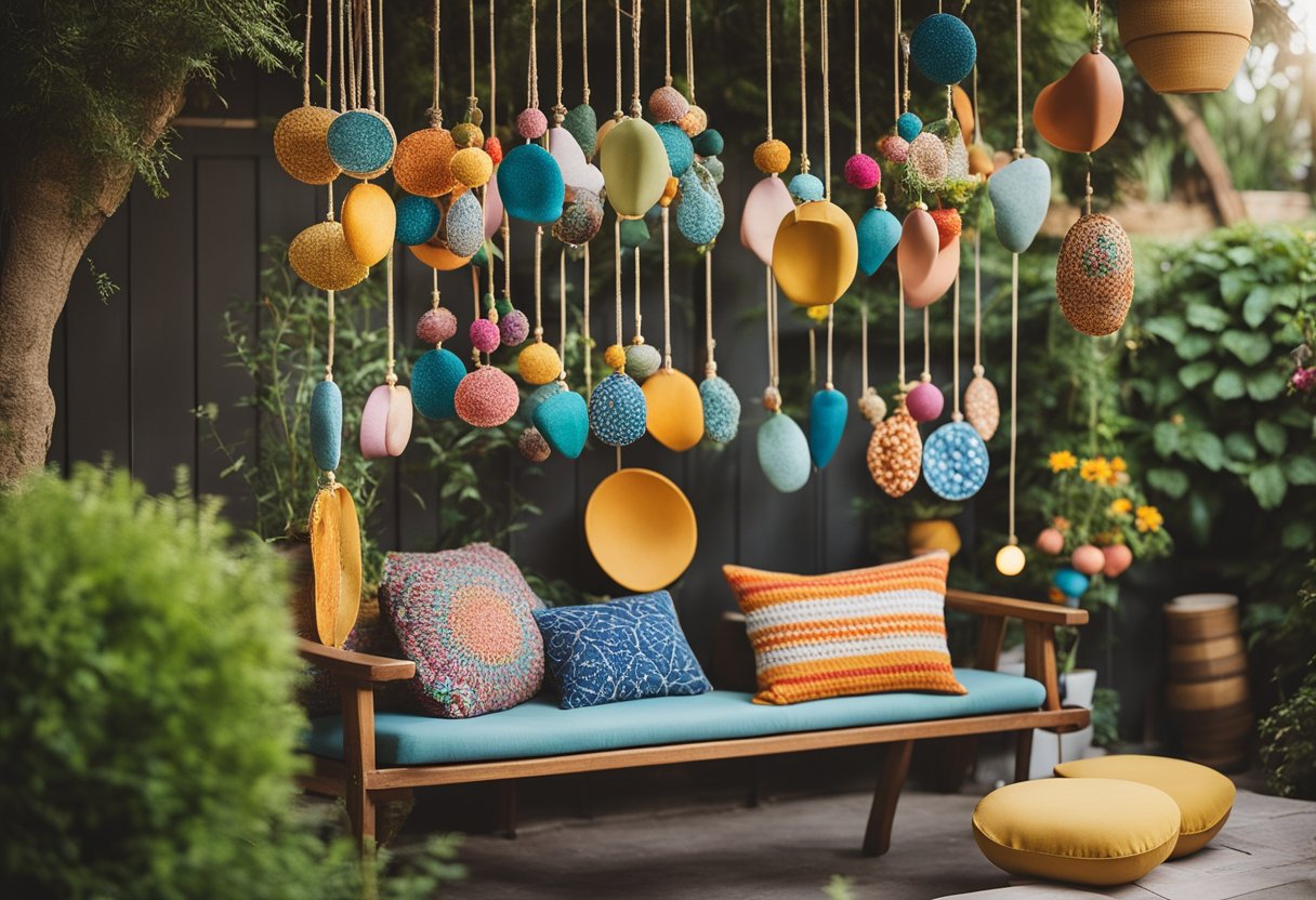 A garden with colorful handmade decorations: hanging planters, painted rocks, and homemade wind chimes. A cozy seating area with DIY cushions and a homemade mosaic table