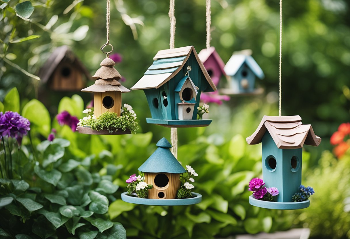 A garden with 10 DIY decorations: birdhouses, wind chimes, painted rocks, hanging planters, fairy gardens, and handmade signs