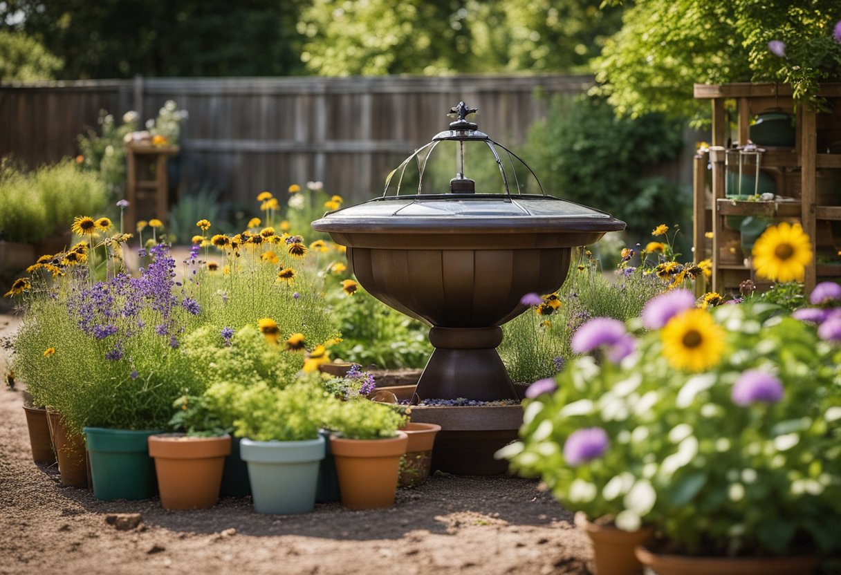 Lush garden with recycled planters, compost bins, and rain barrels. Bees buzzing around a wildflower patch. A solar-powered fountain and upcycled garden art add charm