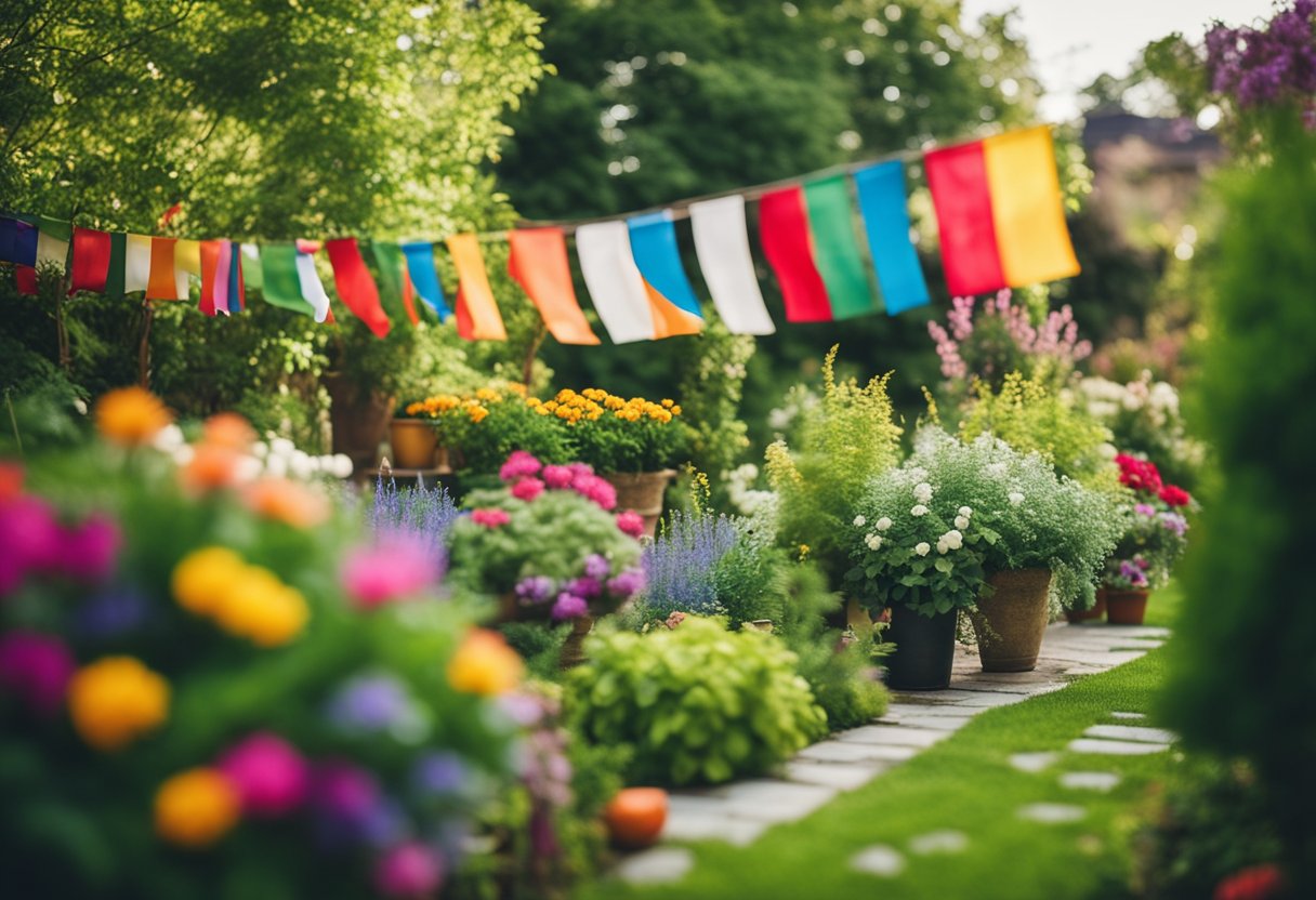 Lush greenery and vibrant flowers adorn the garden, accentuated by seasonal decorations such as colorful flags, wind chimes, and hand-painted planters