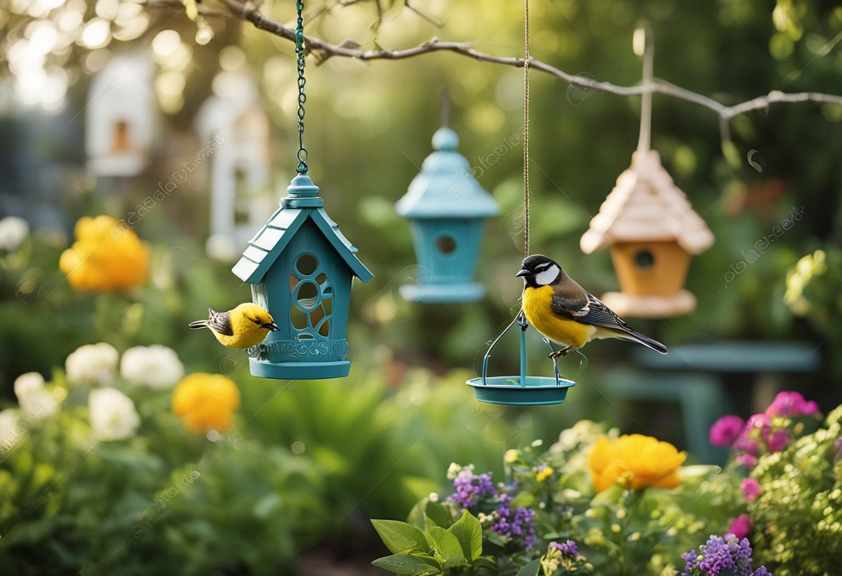 A garden with various decorations being cleaned and repaired by a person. Decorations include bird feeders, wind chimes, and planters