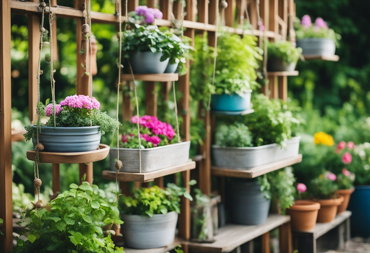 A garden with various DIY decorations: hanging planters, painted rocks, handmade stepping stones, repurposed containers, and a wooden trellis. Bright flowers and lush greenery fill the space