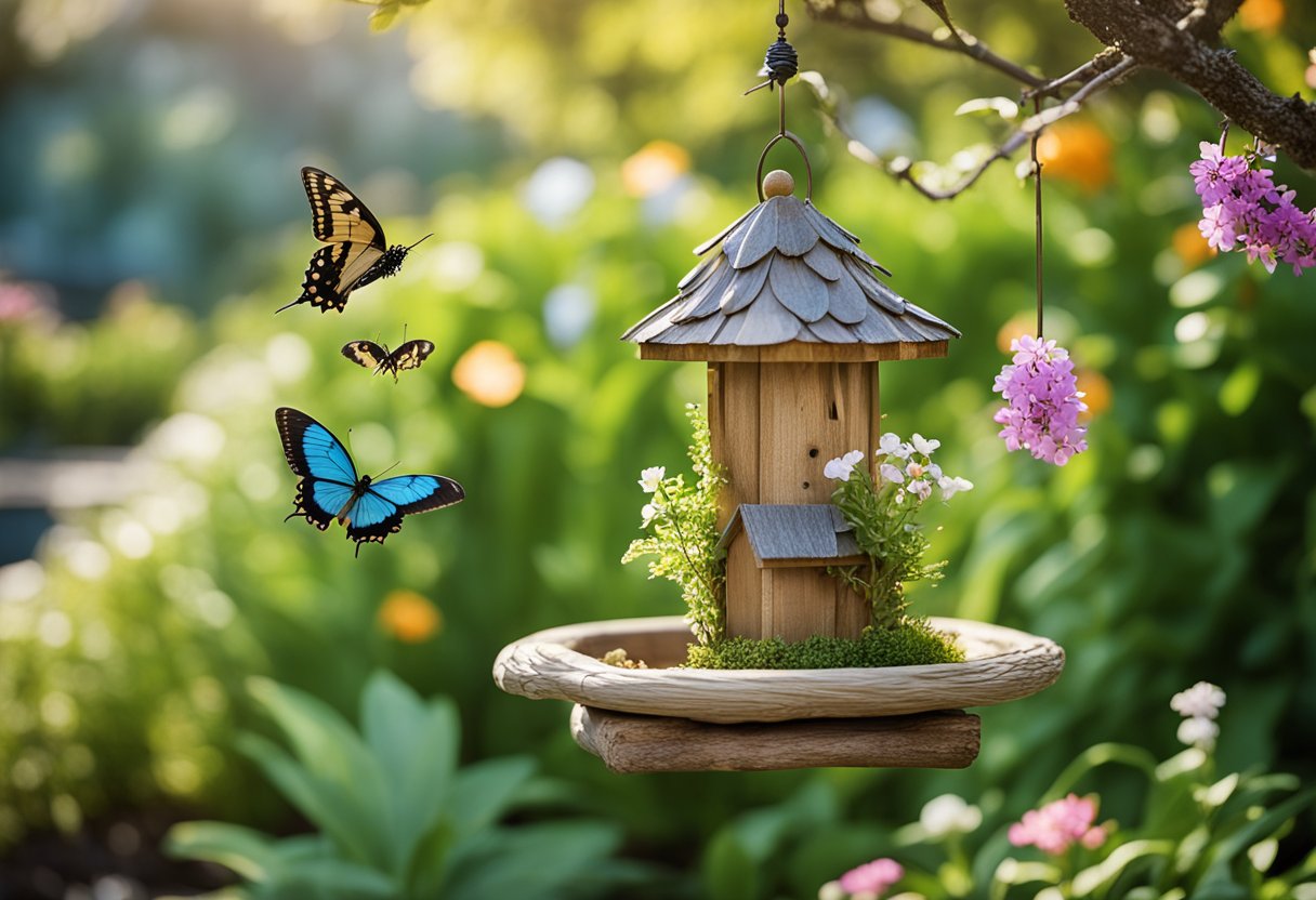 A garden with bird feeders, colorful wind chimes, and a small pond surrounded by rocks and plants. Butterflies flutter around blooming flowers and a wooden birdhouse hangs from a tree