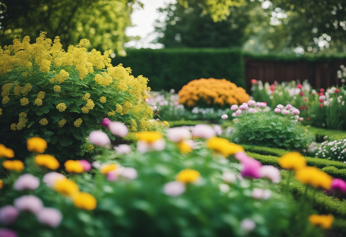 A garden with blooming flowers, vibrant foliage, and seasonal decorations changing with the weather