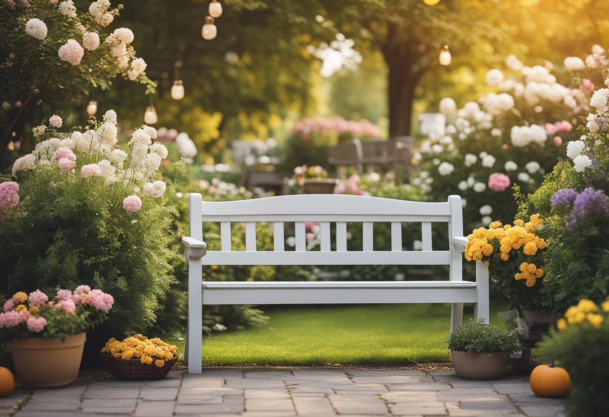 A garden bench surrounded by blooming flowers, with seasonal decorations changing from spring pastels to summer brights, fall earth tones, and winter whites