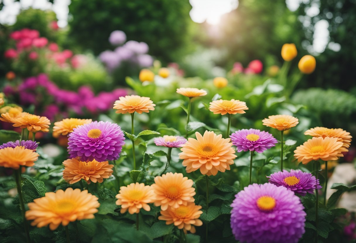 A garden bursting with colorful flowers, lush greenery, and seasonal decor. A variety of plants and ornaments arranged in a refreshing and inviting display