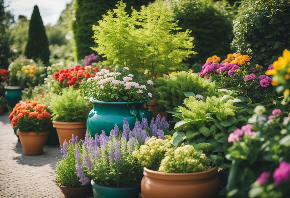 A colorful garden bursting with blooming flowers, lush green plants, and vibrant seasonal decor. Brightly colored pots, hanging baskets, and garden ornaments add a pop of color to the space